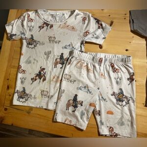 Western Cowboy Print Kids Pajama Set - White with Brown & Blue Accents